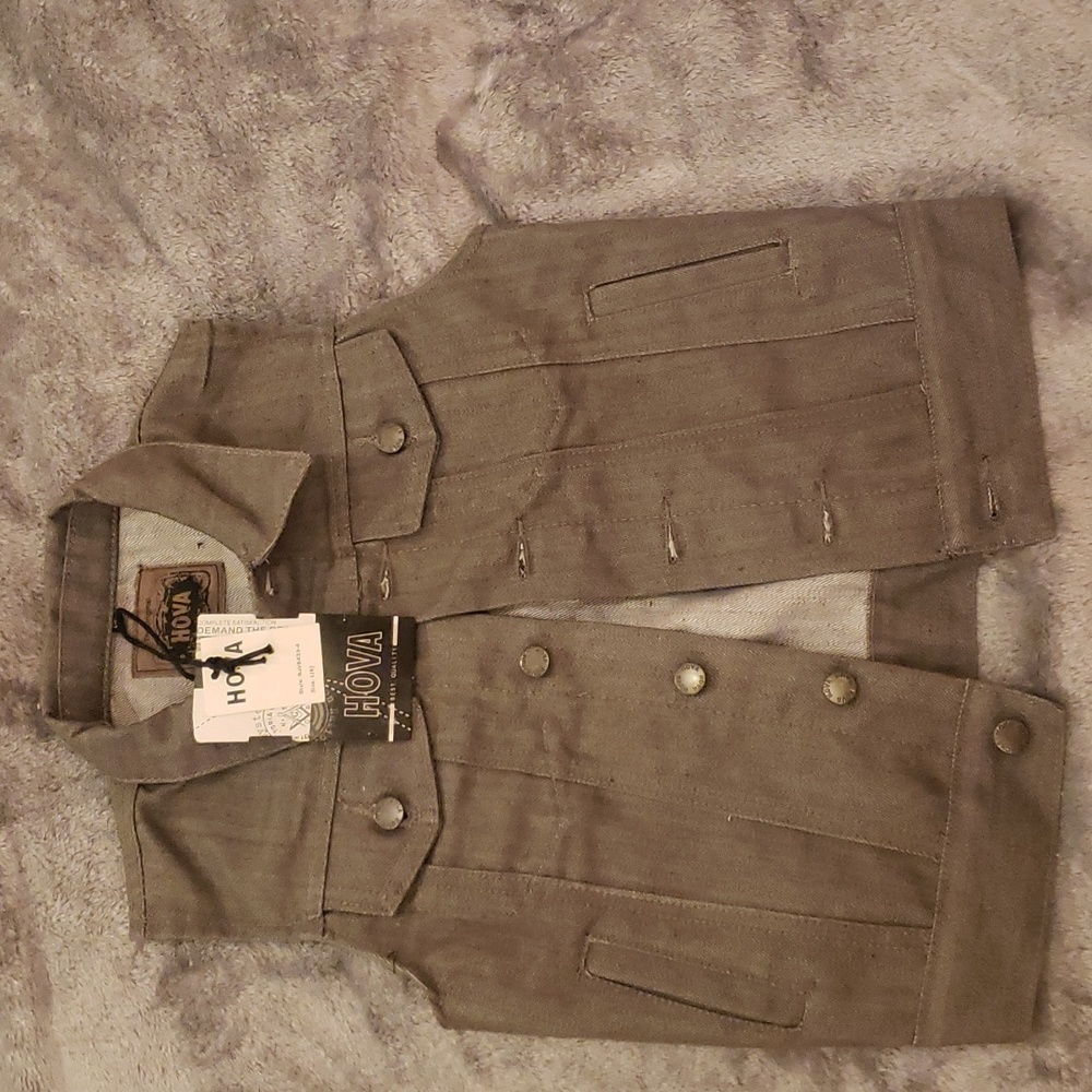 The Original HOVA Gray Denim Button Up Vest Kid Size L(6) Pewter Tone Buttons.